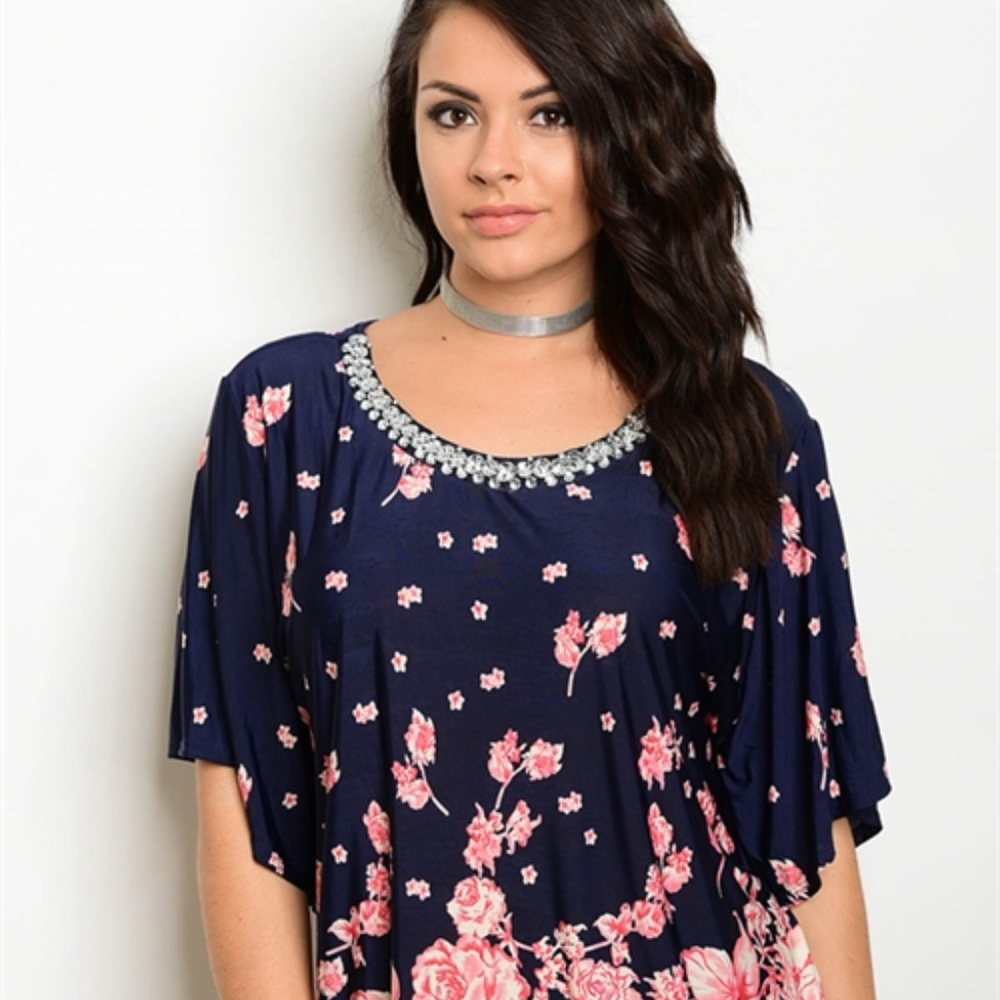 Plus size short flutter sleeve rhinestone neckline